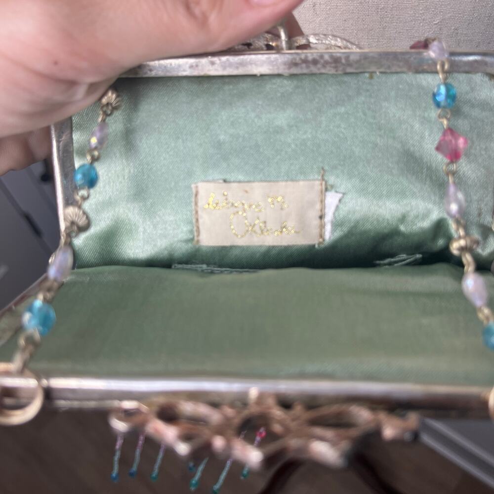 VTG Wayne M. Kleski Evening Bag Hand Beaded Blue Satin Fringe Handbag Victorian - Picture 6 of 9